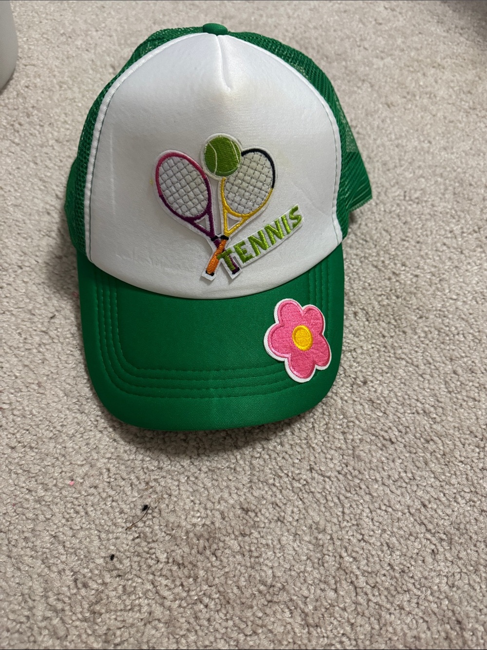 Kids Green and White Tennis Cap with Pink Flower Patch